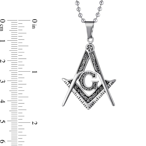 Men's Oxidized Freemason Compass Pendant in Stainless Steel - 20"