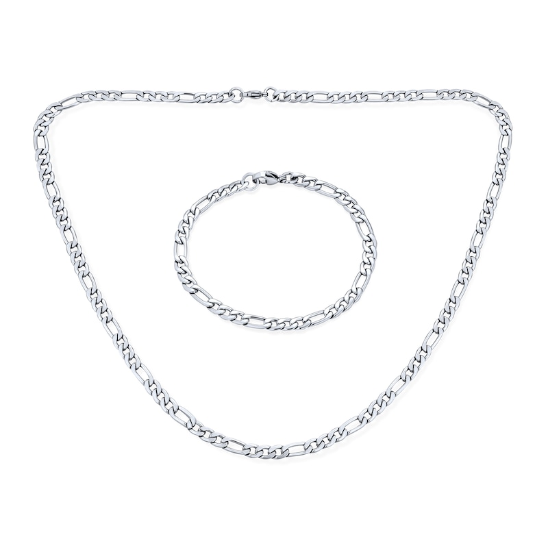 Men's 5.0mm Oxidized Figaro Chain Necklace and Bracelet Set in Solid Stainless Steel  - 22"