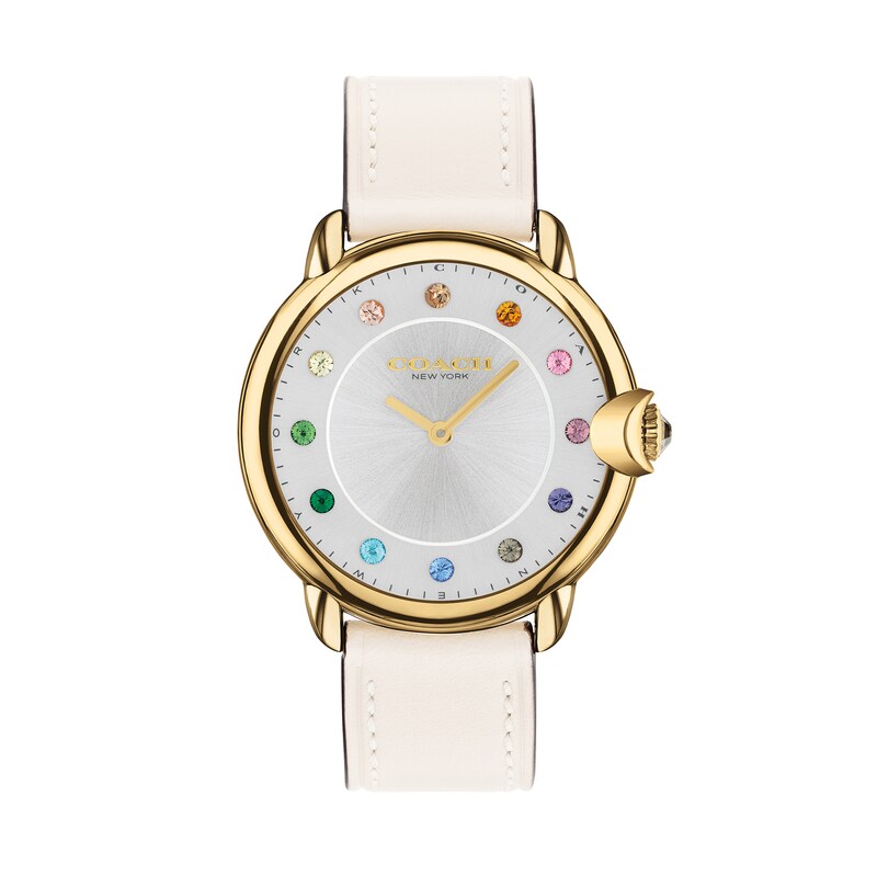 Ladies' Coach Arden Multi-Color Crystal Gold-Tone Cream Leather Strap Watch with Silver-Tone Dial (Model:14503989) | Zales Ladies' Coach Arden Multi-Color Crystal Gold-Tone Cream Leather Strap Watch with Silver-Tone Dial (Model:14503989) | Zales