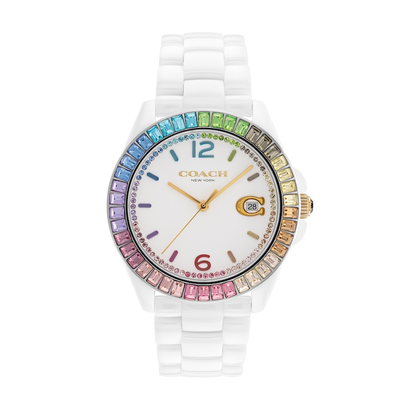 Ladies' Coach Greyson Multi-Color Crystal Accent Rainbow Bezel White  Ceramic Watch with White Dial (Model: 14504019) | Zales