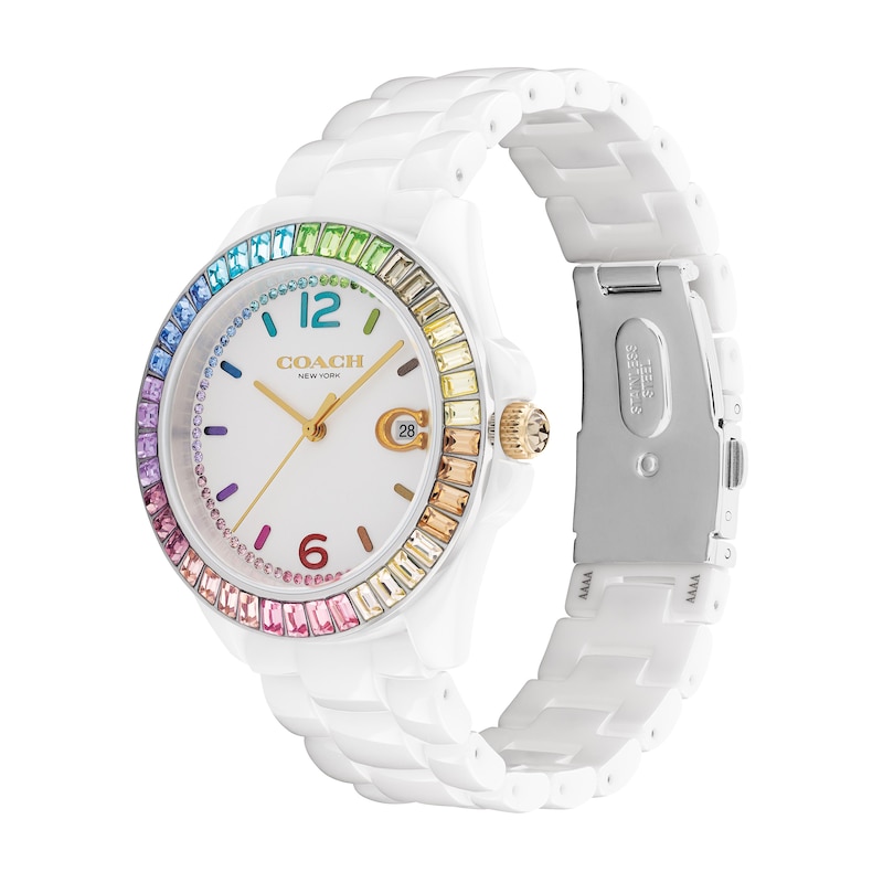 Ladies' Coach Greyson Multi-Color Crystal Accent Rainbow Bezel White Ceramic Watch with White Dial (Model: 14504019)