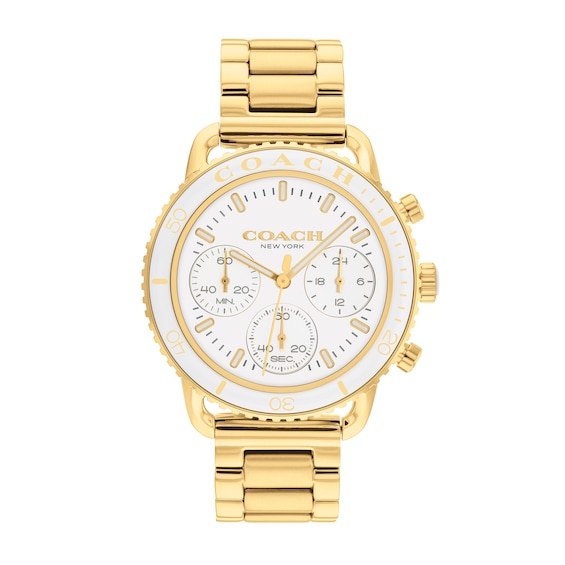 Ladies' Coach Cruiser Gold-Tone and White Ceramic Bezel Chronograph Watch with White Dial (Model: 14504051)