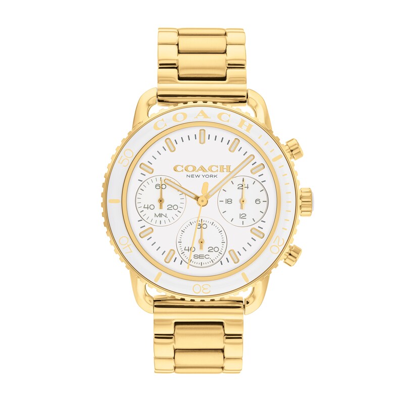 Ladies' Coach Cruiser Gold-Tone and White Ceramic Bezel Chronograph Watch with White Dial (Model: 14504051)