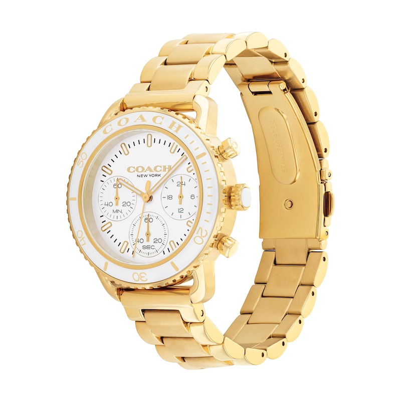 Ladies' Coach Cruiser Gold-Tone and White Ceramic Bezel Chronograph Watch with White Dial (Model: 14504051)