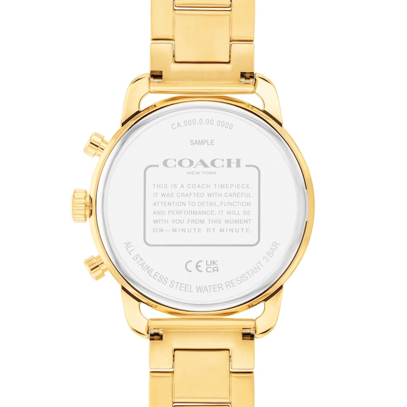 Ladies' Coach Cruiser Gold-Tone and White Ceramic Bezel Chronograph Watch with White Dial (Model: 14504051)