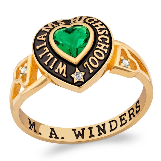 Heart-Shaped Simulated Gemstone and Diamond Accent Heart-Sides Class Ring (1 Stone and 2 Lines)
