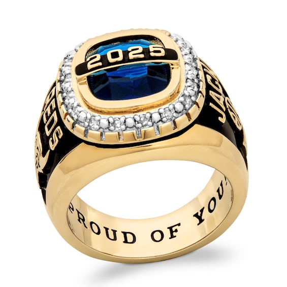 Cushion-Cut Simulated Gemstone and 1/6 CT. T.w. Diamond Beaded Frame Class Ring (1 Stone and 4 Lines)