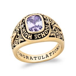 Cushion-Cut Simulated Gemstone and Diamond Accent Class Ring (1 Stone and 3 Lines)