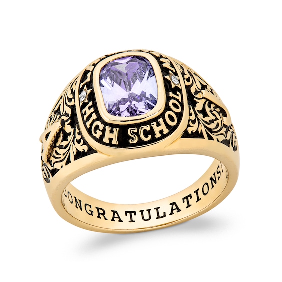 Cushion-Cut Simulated Gemstone and Diamond Accent Class Ring (1 Stone and 3 Lines)