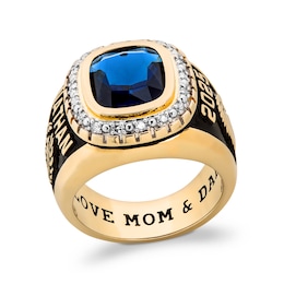 Cushion-Cut Simulated Gemstone and 1/6 CT. T.W. Diamond Beaded Double Frame Class Ring (1 Stone and 3 Lines)