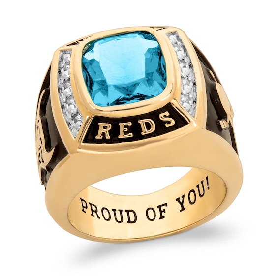Cushion-Cut Simulated Gemstone and 1/15 CT. T.w. Diamond Divided Frame Class Ring (1 Stone and 3 Lines)
