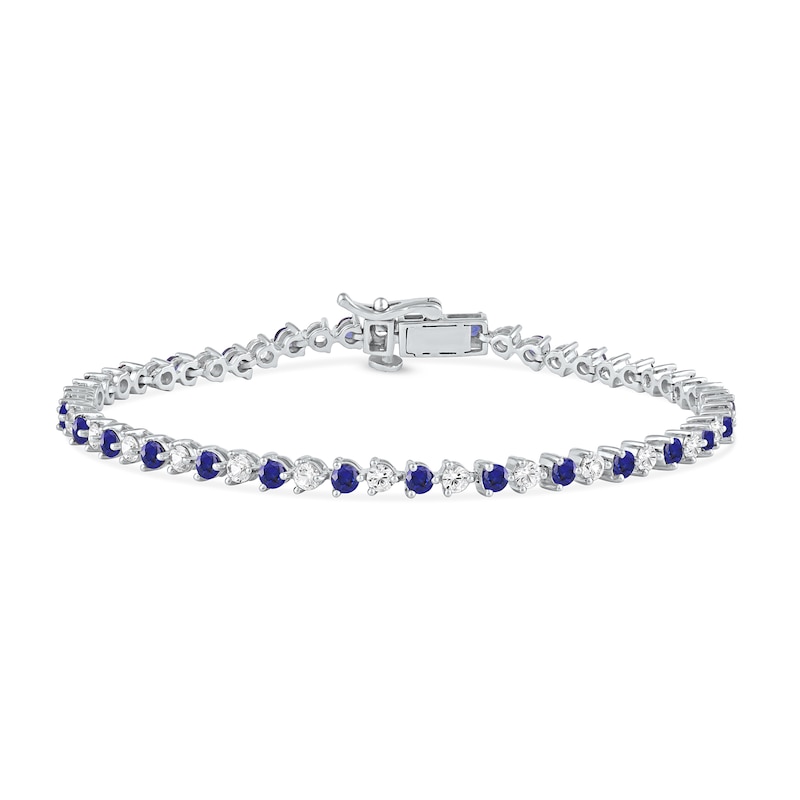 Main Image 1 of Blue and White Lab-Created Sapphire Alternating Line Bracelet in Sterling Silver - 7.25"