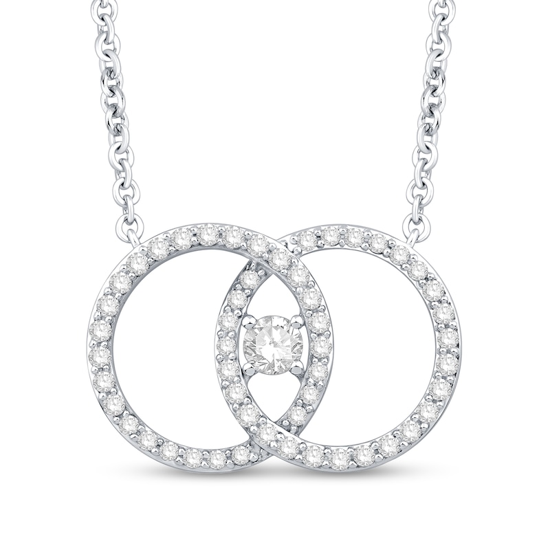 Main Image 1 of You Me Us 5/8 CT. T.W. Diamond Intertwined Double Circle Necklace in 10K White Gold