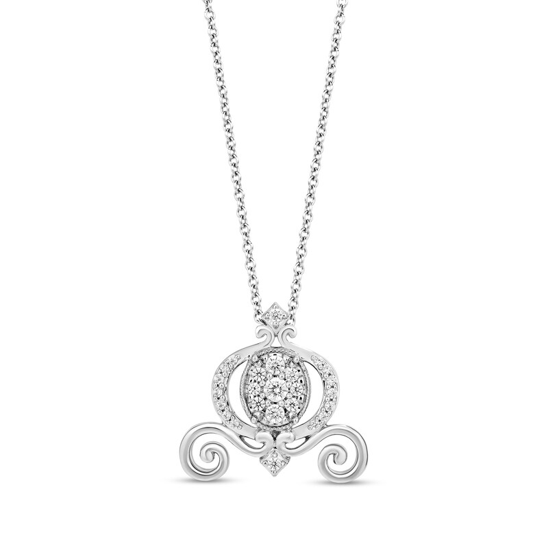 Main Image 1 of Enchanted Disney Cinderella 1/4 CT. T.W. Oval Multi-Diamond Vintage-Style Carriage Pendant in Sterling Silver - 19"