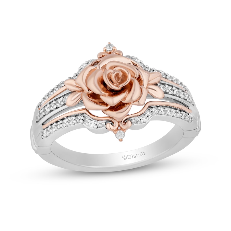 Main Image 1 of Enchanted Disney Belle 1/5 CT. T.W. Diamond Split Shank Rose Ring in Sterling Silver and 10K Rose Gold
