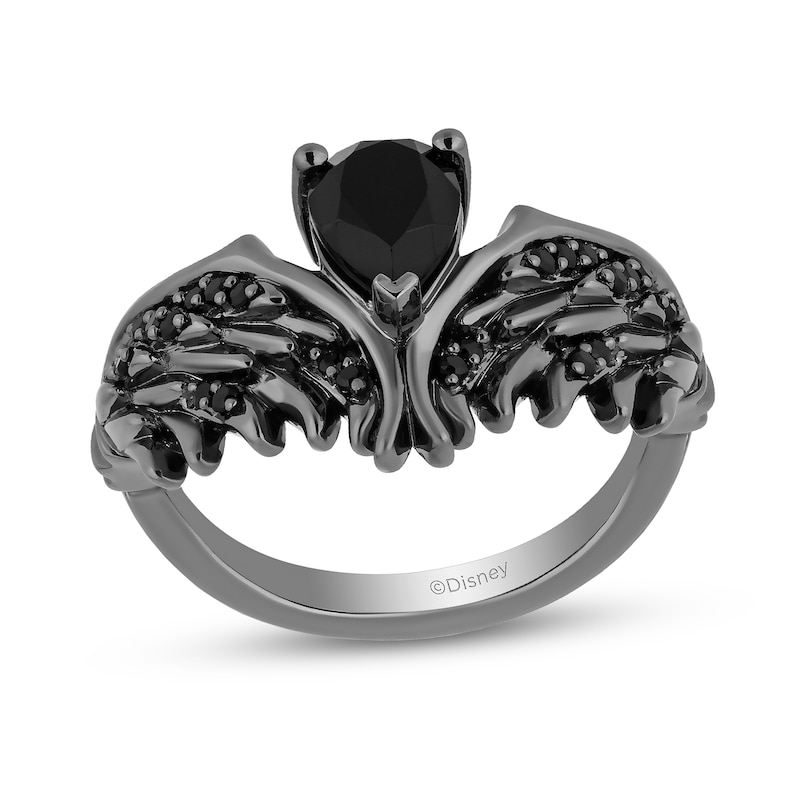 Main Image 1 of Enchanted Disney Villains Maleficent Pear-Shaped Onyx and 1/5 CT. T.W. Black Diamond Wings Ring in Sterling Silver