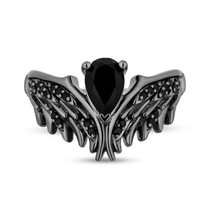 Enchanted Disney Villains Maleficent Pear-Shaped Onyx and 1/5 CT. T.W. Black Diamond Wings Ring in Sterling Silver