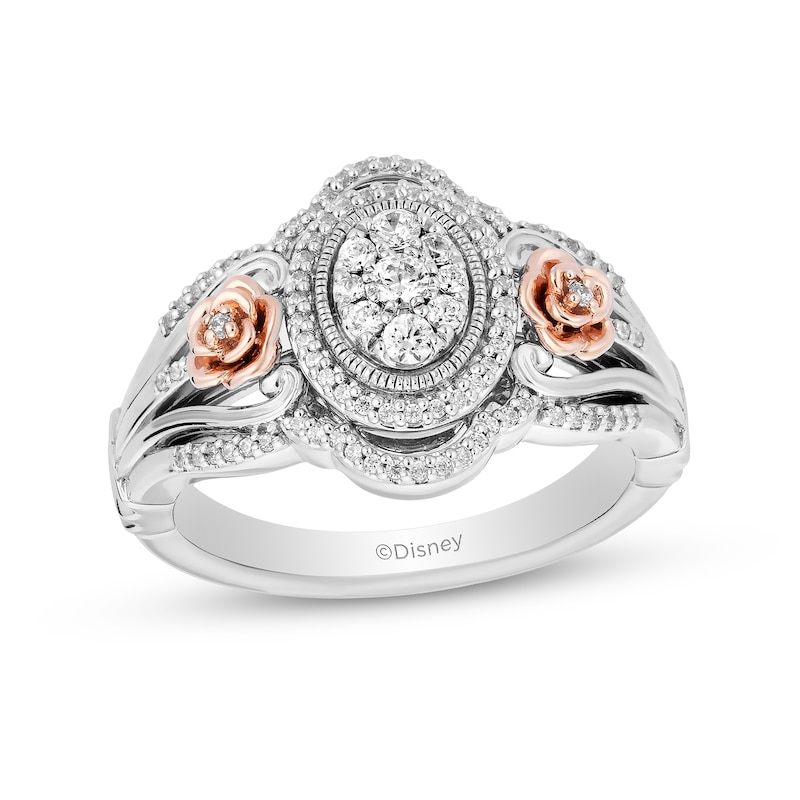 Main Image 1 of Enchanted Disney Belle 1/3 CT. T.W. Oval Multi-Diamond and Rose Vintage-Style Ring in Sterling Silver and 10K Rose Gold