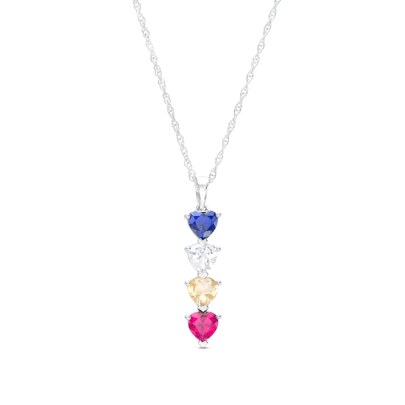 Main Image 1 of Mother's 5.0mm Heart-Shaped Simulated Gemstone Stacked Linear Drop Pendant in Sterling Silver (4 Stones)