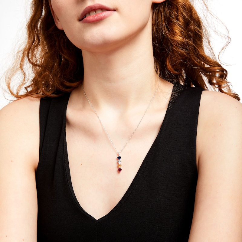 Main Image 2 of Mother's 5.0mm Heart-Shaped Simulated Gemstone Stacked Linear Drop Pendant in Sterling Silver (4 Stones)