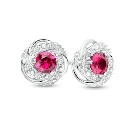 4.0mm Lab-Created Ruby and 1/20 CT. T.W. Diamond Frame Love Knot Stud Earrings in Sterling Silver