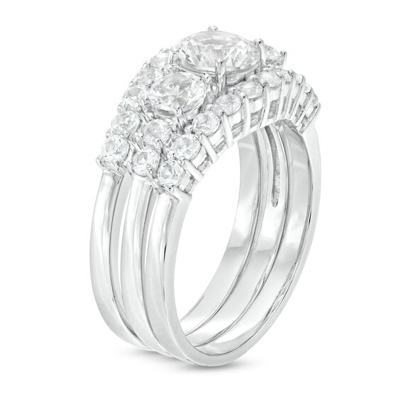 6.0mm White Lab-Created Sapphire Three Stone Three Piece Bridal Set in Sterling Silver