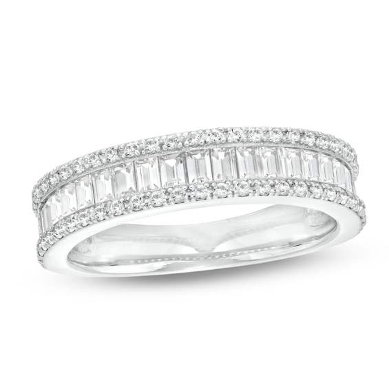 Baguette and Round White Lab-Created Sapphire Border Triple-Row Band in Sterling Silver