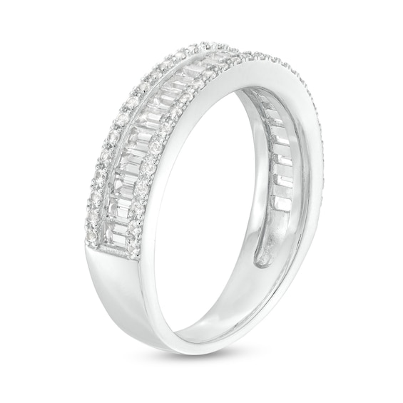 Baguette and Round White Lab-Created Sapphire Border Triple-Row Band in Sterling Silver