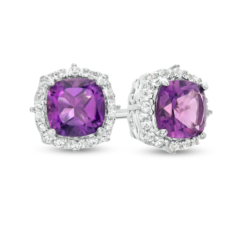 Main Image 1 of 5.0mm Cushion-Cut Amethyst and White Lab-Created Sapphire Frame Stud Earrings in Sterling Silver