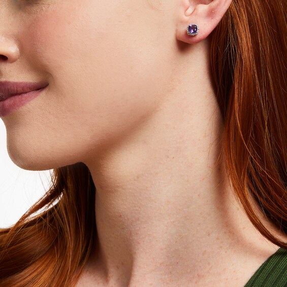 5.0mm Cushion-Cut Amethyst and White Lab-Created Sapphire Frame Stud Earrings in Sterling Silver