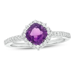 6.0mm Cushion-Cut Faceted Amethyst and White Lab-Created Sapphire Frame Tilted Ring in Sterling Silver