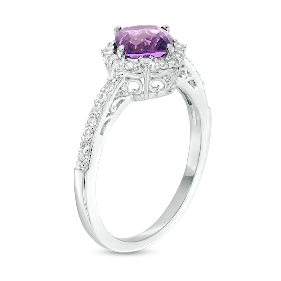 6.0mm Cushion-Cut Faceted Amethyst and White Lab-Created Sapphire Frame Tilted Ring in Sterling Silver