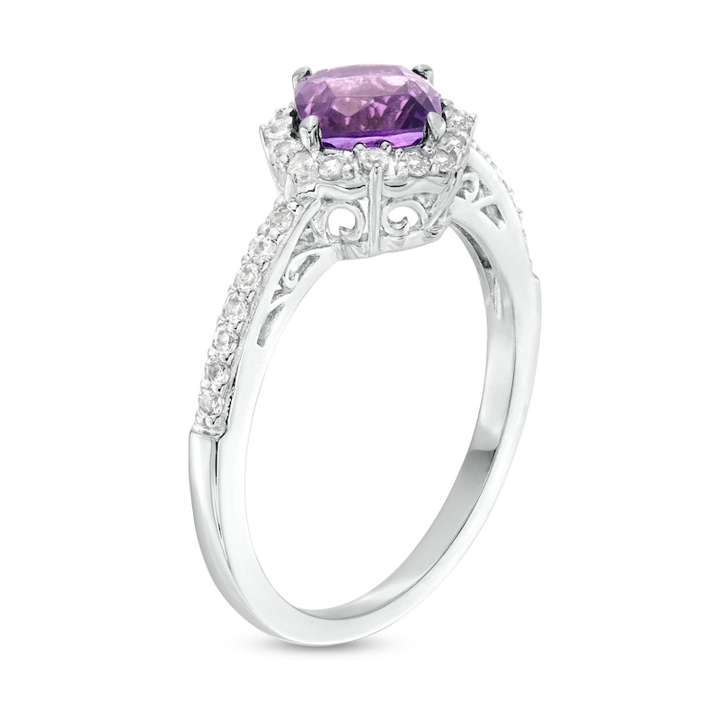 Main Image 3 of 6.0mm Cushion-Cut Faceted Amethyst and White Lab-Created Sapphire Frame Tilted Ring in Sterling Silver