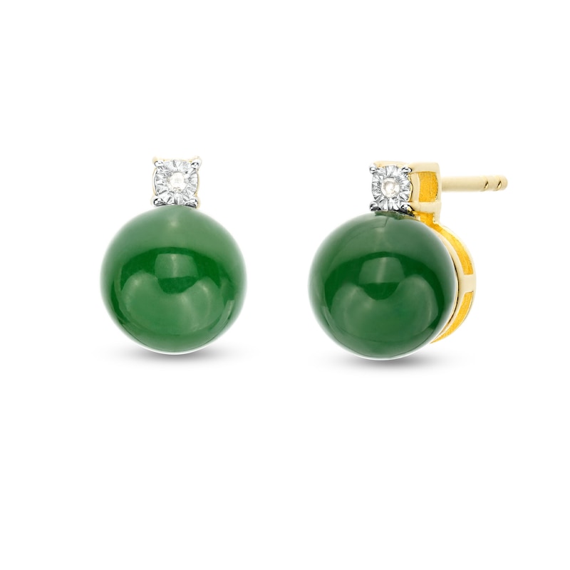 Main Image 1 of 7.5-8.0mm Jade and Diamond Accent Stud Earrings in Sterling Silver with 18K Gold Plate