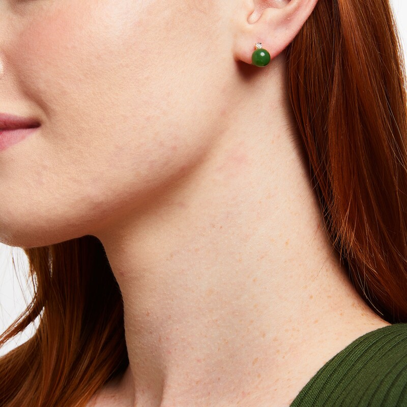 Main Image 2 of 7.5-8.0mm Jade and Diamond Accent Stud Earrings in Sterling Silver with 18K Gold Plate