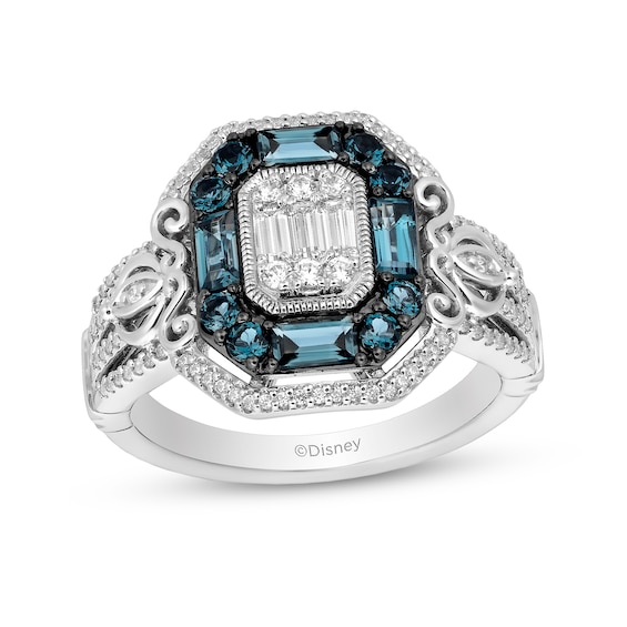 Enchanted Disney Cinderella 1/3 CT. T.w. Emerald-Shaped Multi-Diamond and Blue Topaz Frame Ring in Sterling Silver