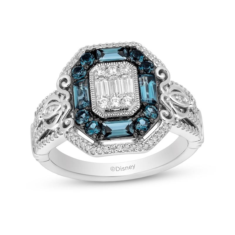 Main Image 1 of Enchanted Disney Cinderella 1/3 CT. T.W. Emerald-Shaped Multi-Diamond and Blue Topaz Frame Ring in Sterling Silver