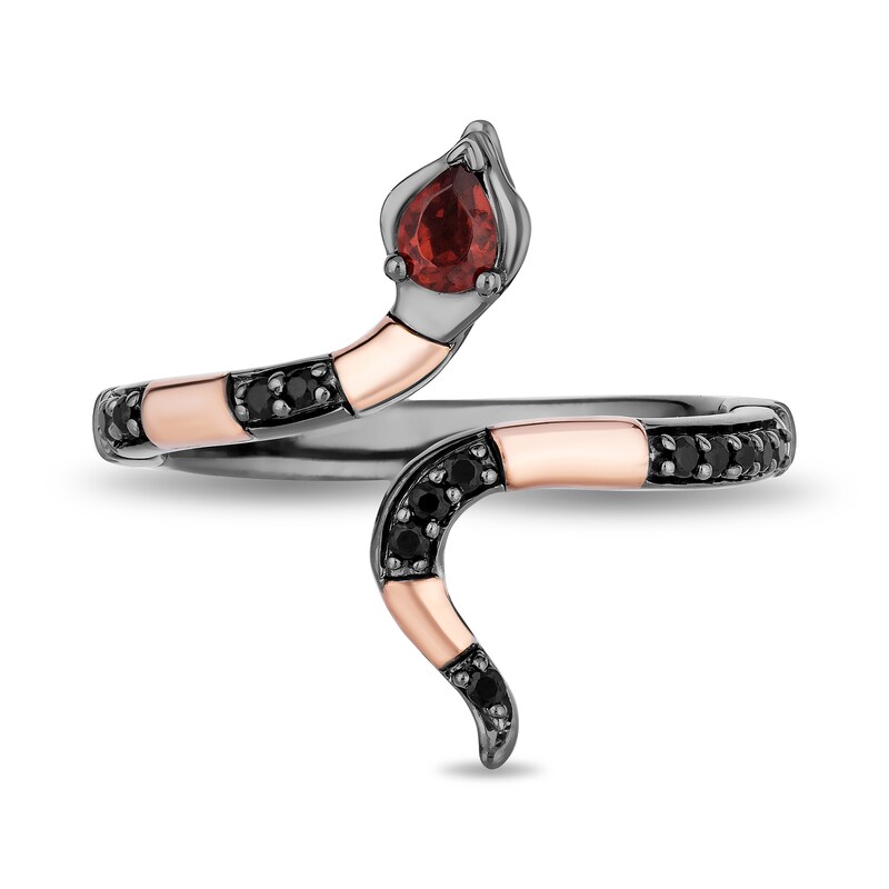 Main Image 4 of Enchanted Disney Villains Jafar Garnet and 1/8 CT. T.W. Black Diamond Snake Ring in Sterling Silver and 10K Rose Gold