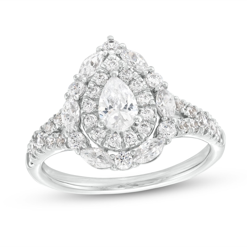 1-1/2 CT. T.W. Pear-Shaped Diamond Double Frame Split Shank Engagement Ring in 14K White Gold