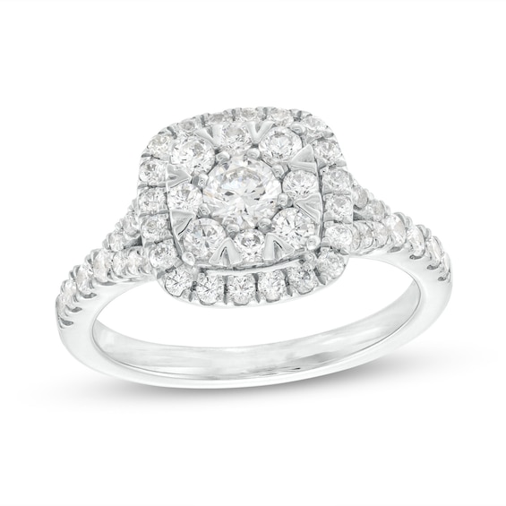 1 CT. T.w. Cushion-Shaped Multi-Diamond Frame Split Shank Engagement Ring in 14K White Gold