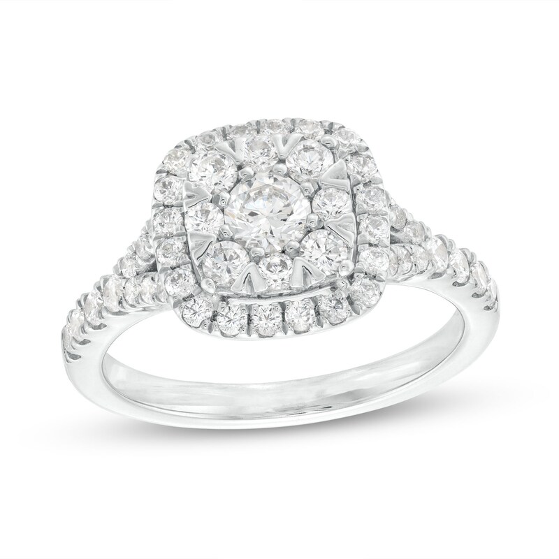 Main Image 1 of 1 CT. T.W. Cushion-Shaped Multi-Diamond Frame Split Shank Engagement Ring in 14K White Gold