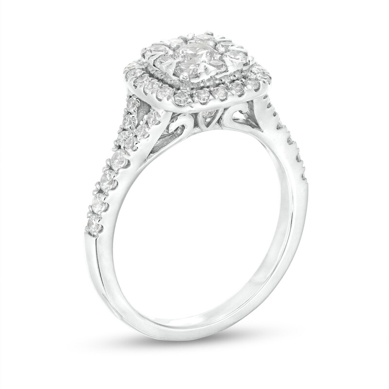 Main Image 3 of 1 CT. T.W. Cushion-Shaped Multi-Diamond Frame Split Shank Engagement Ring in 14K White Gold