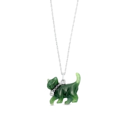 Jade and White Lab-Created Sapphire Bezel-Set Chain Collar Cat Pendant in Sterling Silver