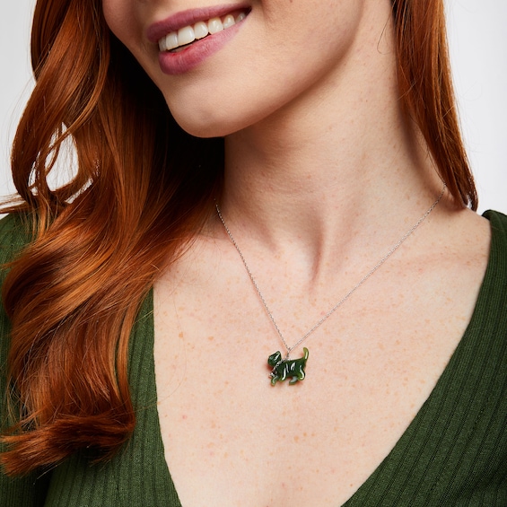 Jade and White Lab-Created Sapphire Bezel-Set Chain Collar Cat Pendant in Sterling Silver