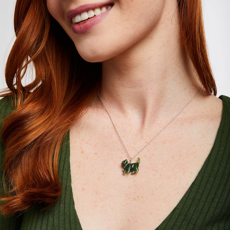 Jade and White LabCreated Sapphire BezelSet Chain Collar Cat Pendant