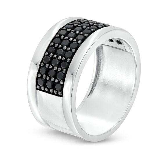 Men's Black Sapphire Triple-Row Rounded Edge Band Sterling Silver