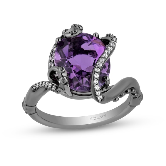 Enchanted Disney Villains Ursula Oval Amethyst and 1/10 CT. T.w. Diamond Ring in Sterling Silver with Black Rhodium