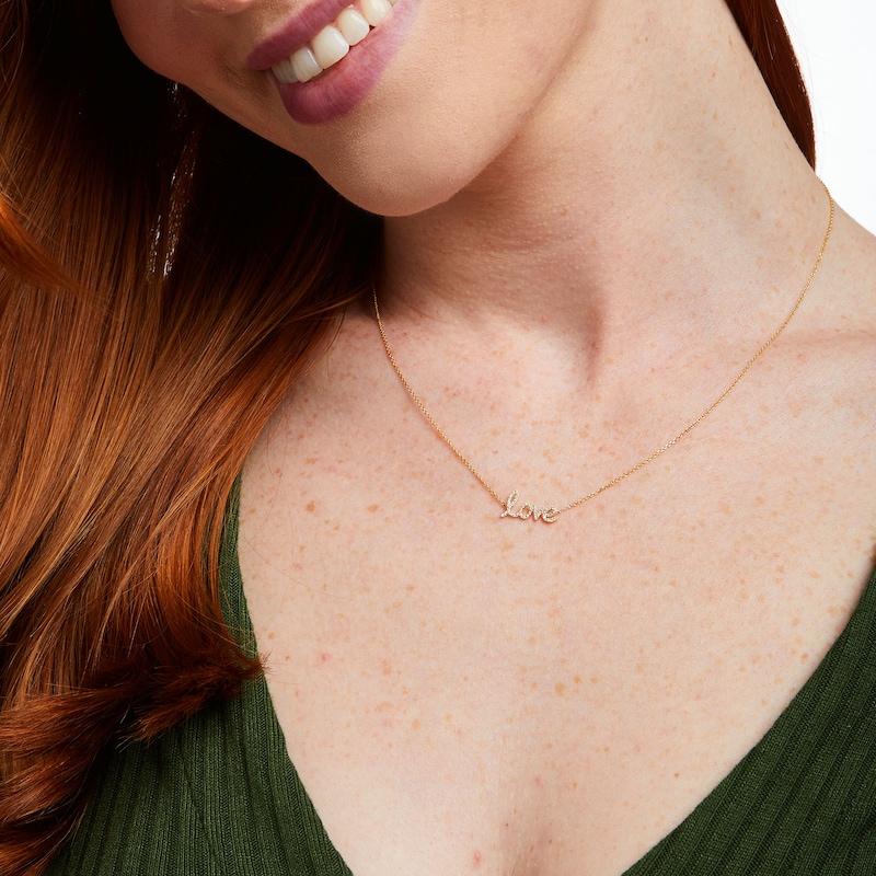 Main Image 2 of Love Talks 1/10 CT. T.W. Diamond "love" Cursive Script Necklace in 10K Gold