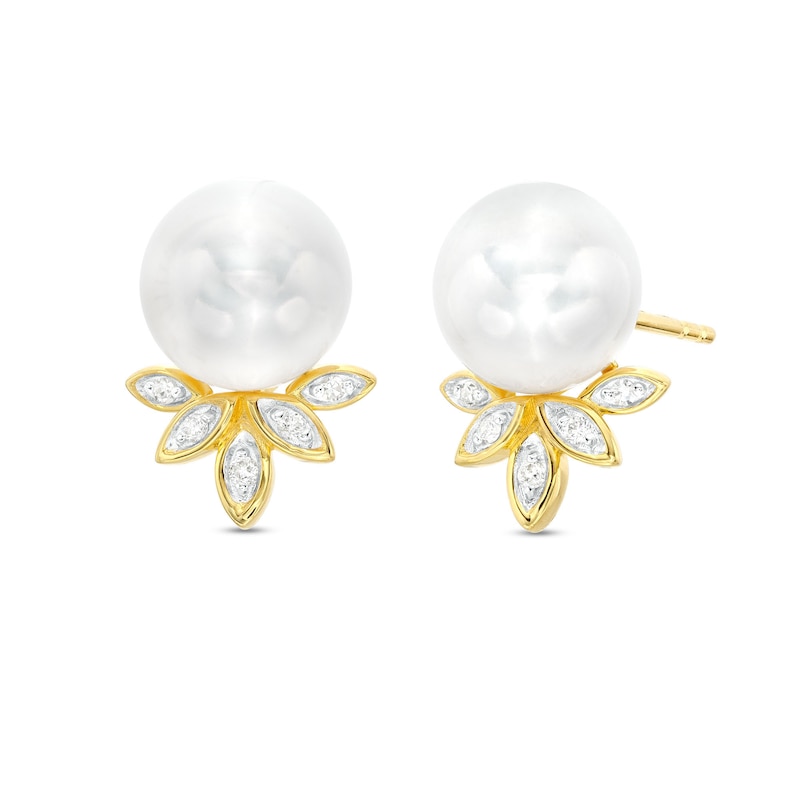Cultured Freshwater Pearl and 1/10 CT. T.W. Diamond Leaf-Top Stud Earrings in Sterling Silver with 18K Gold Plate