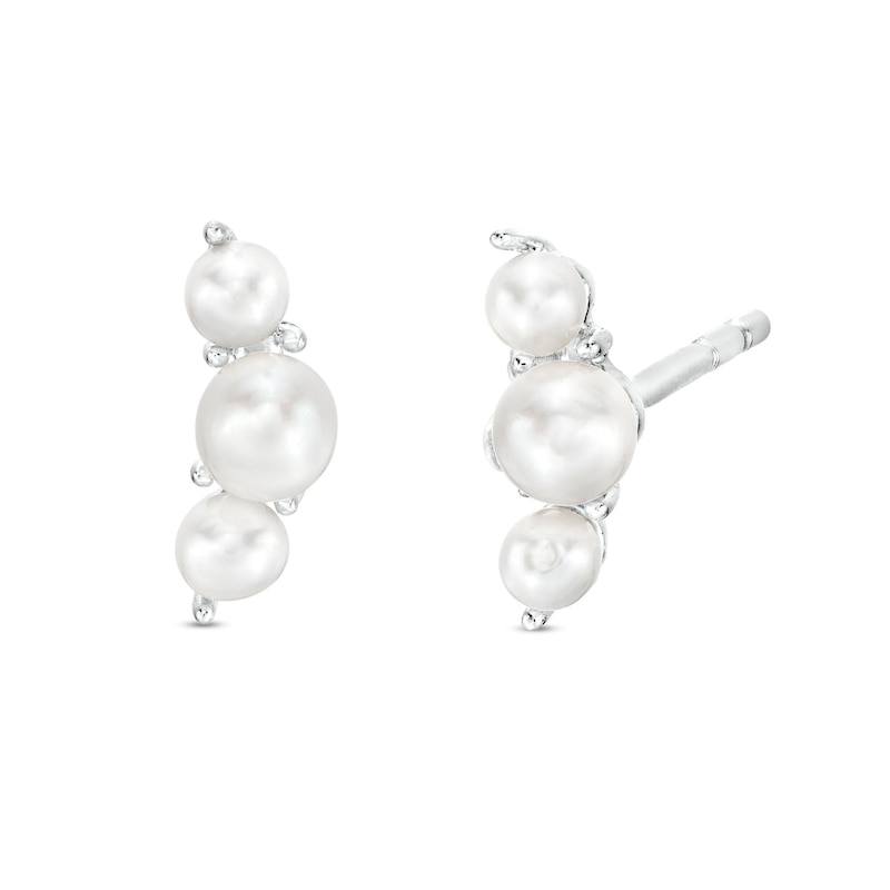 Main Image 1 of 2.0-3.0mm Freshwater Cultured Pearl Three Stone Stud Earrings in 10K White Gold